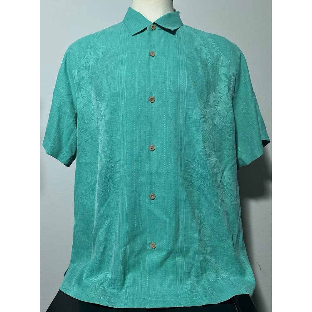 Tommy Bahama Men's 2XL 100% Silk Holly Green Bali Border Floral Hawaiian Shirt